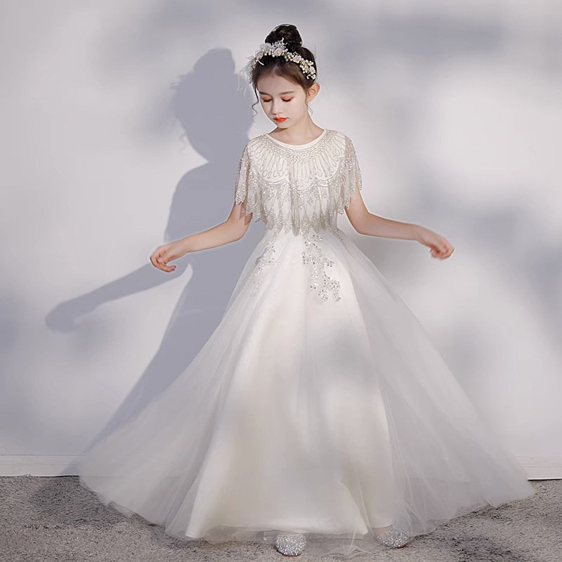 儿童古筝演出服女童舞台表演白色公主生日裙小主持人钢琴演奏礼服