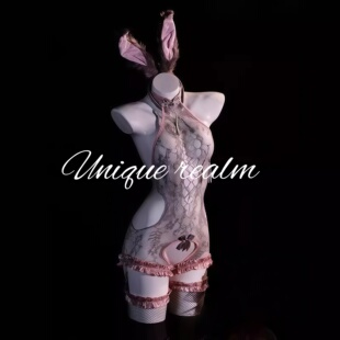 谧境「黛粉兔伶」兔女郎性感辣妹中式 镂空制服开档纯欲连体衣qqny