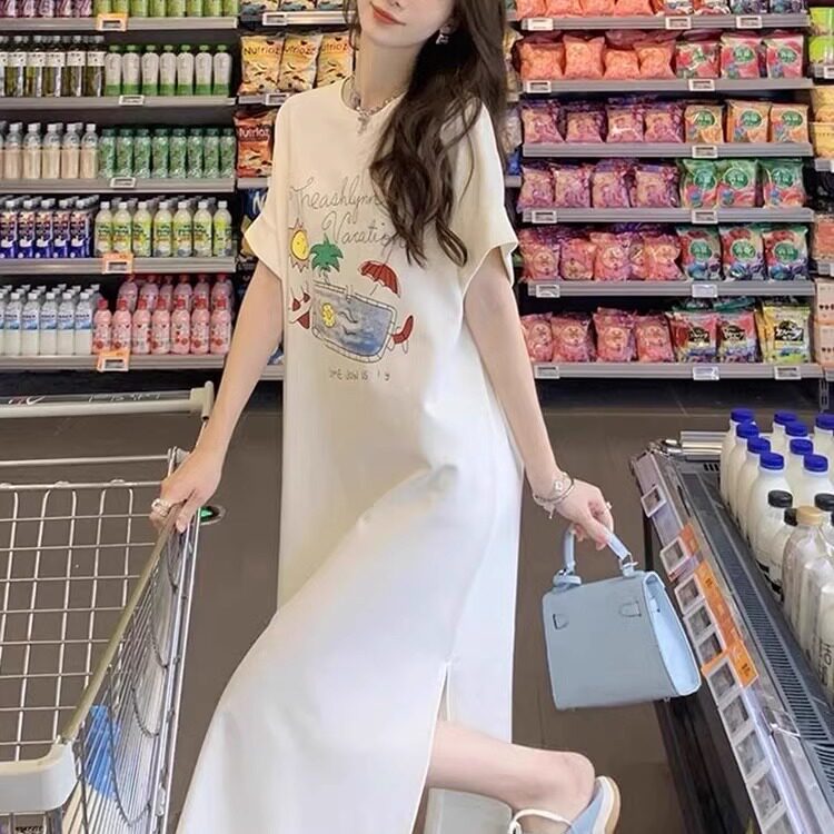长款过膝开叉白色短袖t恤女2025新款夏季半袖显瘦宽松体恤连衣裙