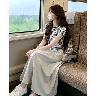 小个子条纹连衣裙女夏季2026新款韩系巨好看漂亮穿搭一整套装长裙