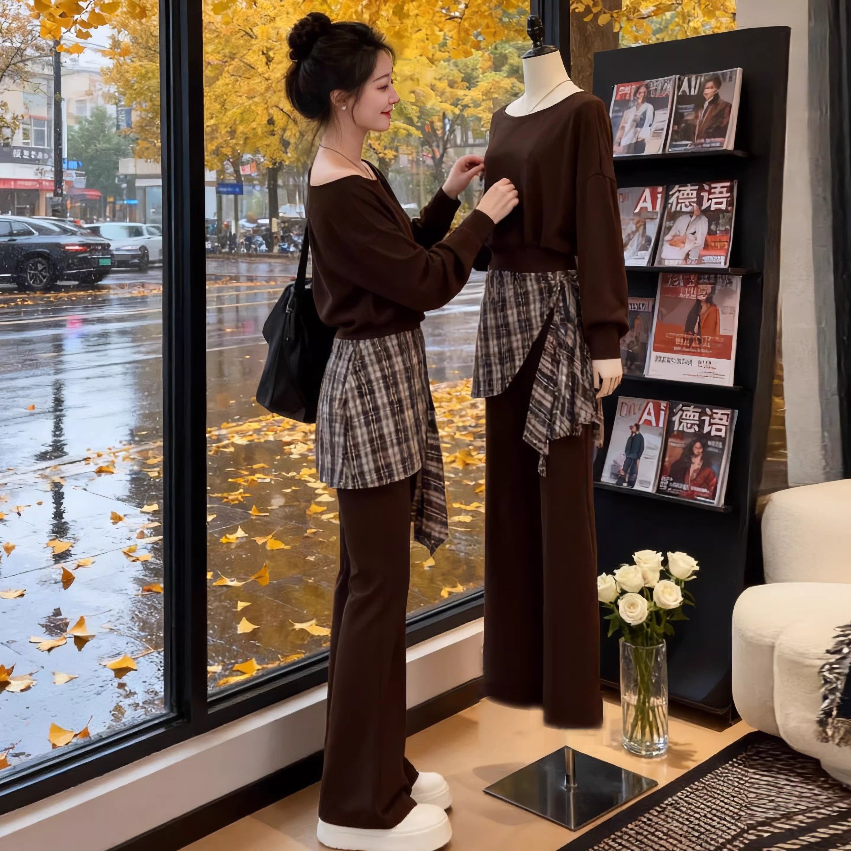 欧货休闲运动套装女2025新款春秋时尚洋气设计感斜肩卫衣两件套潮,女装/女士精品,时尚套装,淘宝优惠券,粉丝福利购,淘宝优惠卷