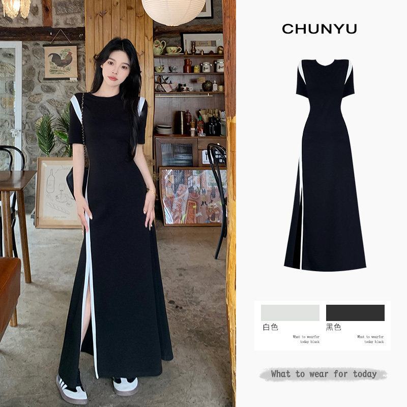 夏季气质女装拼接开叉收腰连衣裙图片