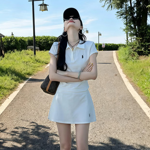 夏季套装polo领刺绣短袖T恤高腰防走光A字短裙休闲运动风两件套女