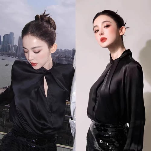 古力娜扎同款黑色扭结衬衫女法式复古气质设计感上衣2026春新款女