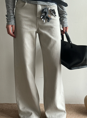 Ing印迹-洗水效果国内独家工艺窄版直筒牛仔裤(配腰带,挂件)M3758