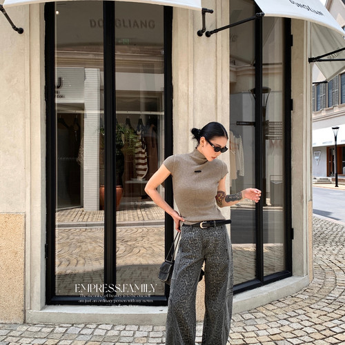 QUEEN-百搭洗水工装豹纹直筒裤休闲显瘦长裤牛仔裤(配腰带)WJ8002