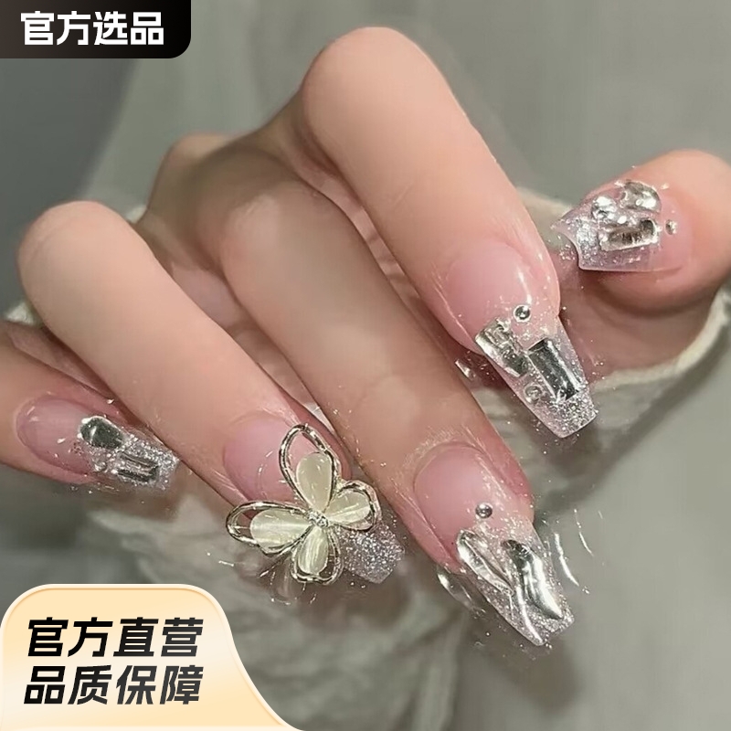 手工穿戴甲高级感纯手作ins爆款碎钻蝴蝶美甲甲片批发穿戴式指甲