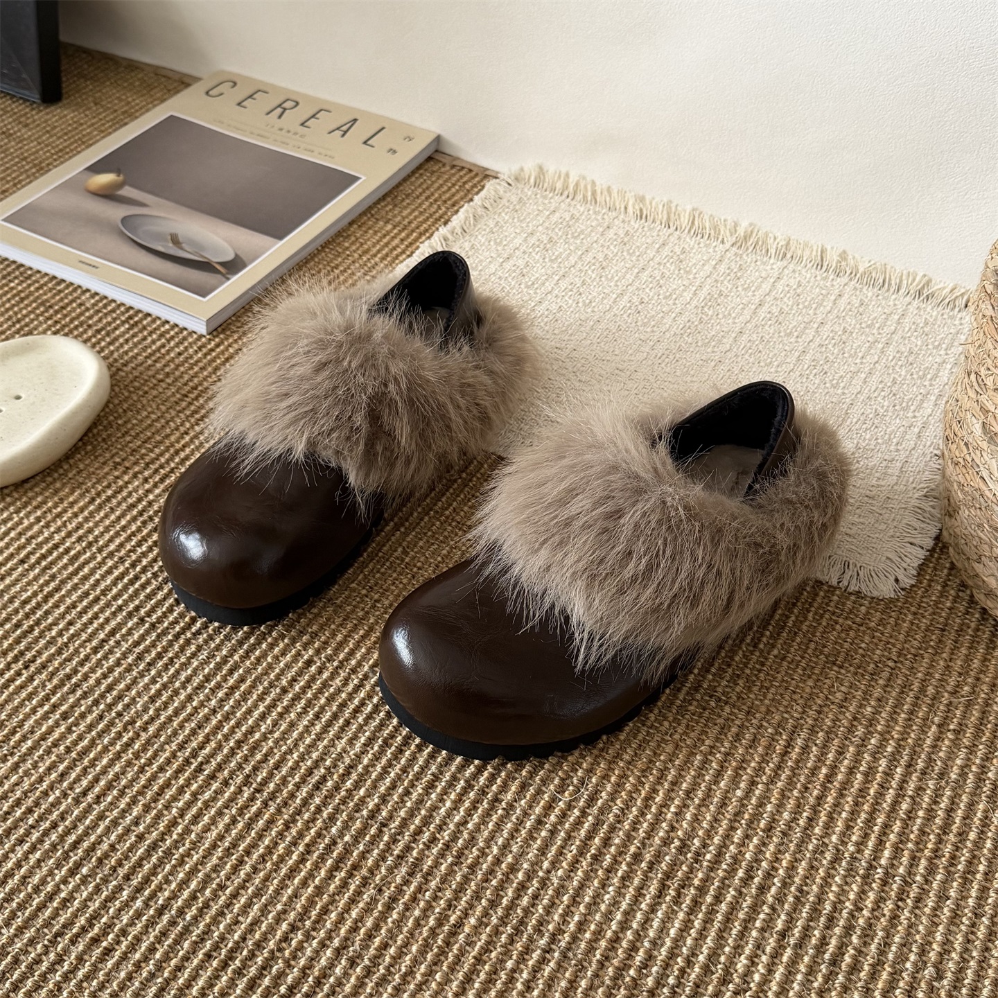 毛毛勃肯鞋女黑色圆头一脚蹬