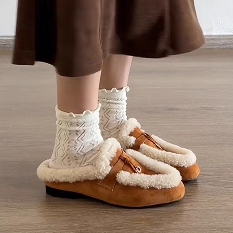 加绒平底保暖毛毛包头半拖鞋女冬