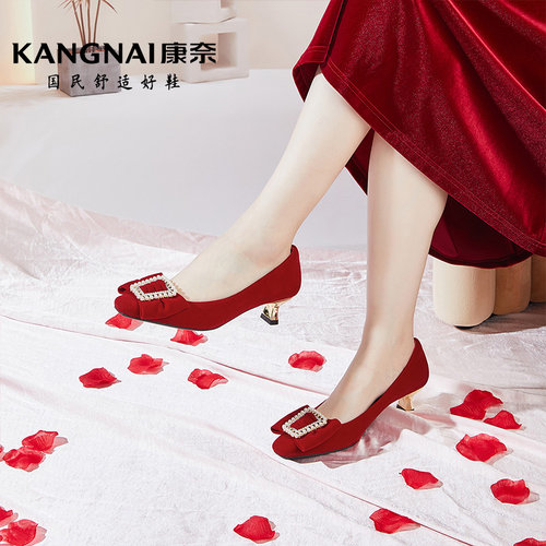 单鞋康奈婚鞋秀禾粗跟女鞋蝴蝶结