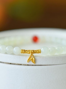 和田玉浅晴水料竹节925银镀磨砂金南红珠多宝手链（28颗6mm玉珠）