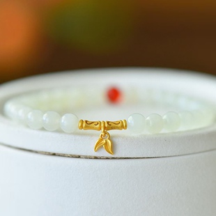 和田玉浅晴水料竹节925银镀磨砂金南红珠多宝手链(28颗6mm玉珠)