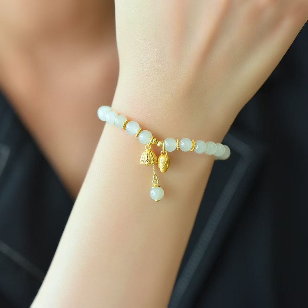 和田玉浅晴水料好运莲莲925银镀厚磨砂金流苏手链6mm珠