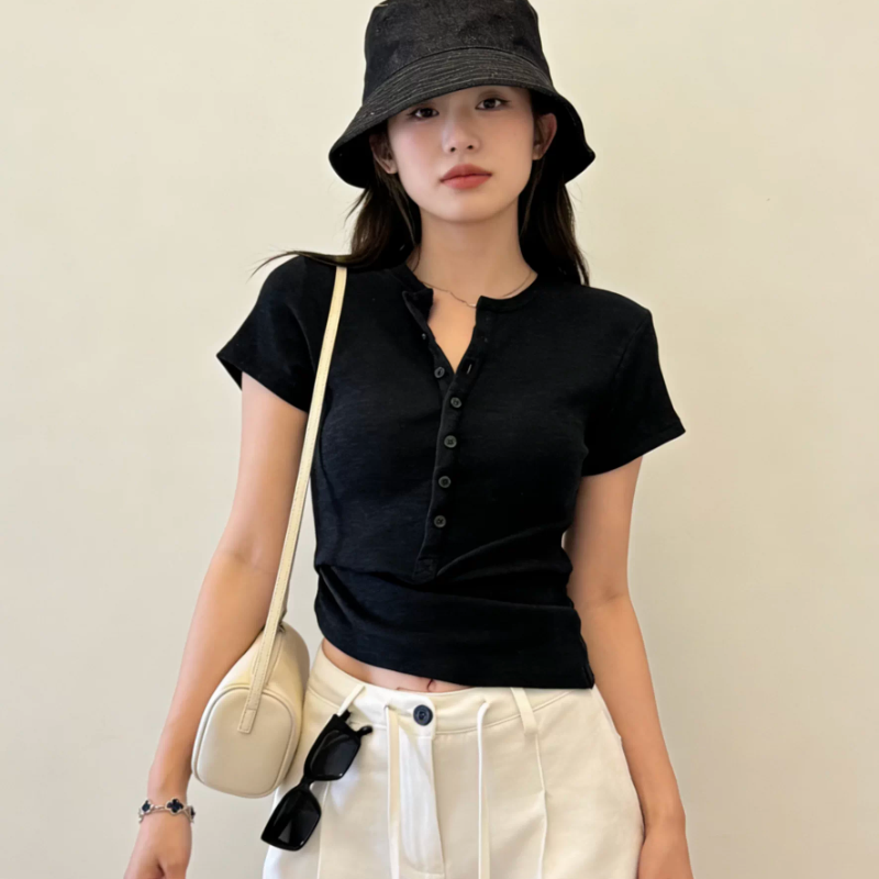 正肩半开扣短袖T恤女韩系修身显瘦百搭上衣遮肉女装夏季打底衫