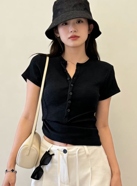 正肩半开扣短袖T恤女韩系修身显瘦百搭上衣遮肉女装夏季打底衫