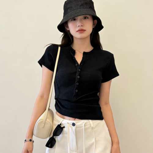 正肩半开扣短袖T恤女韩系修身显瘦百搭上衣遮肉女装夏季打底衫