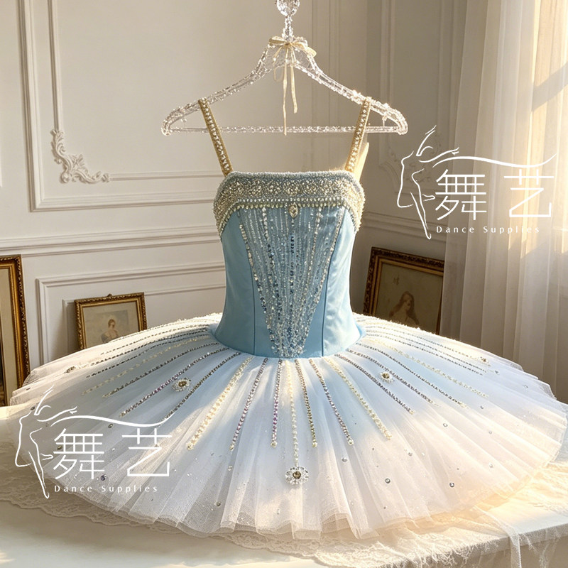 高端定制蓝鸟银仙子儿童芭蕾舞tutu裙浅蓝色变奏比赛演出服