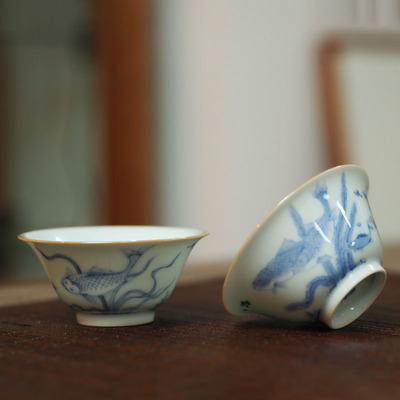传老景德镇谷雨山房青花手绘鱼藻纹箬笠杯小茶杯中式主人杯