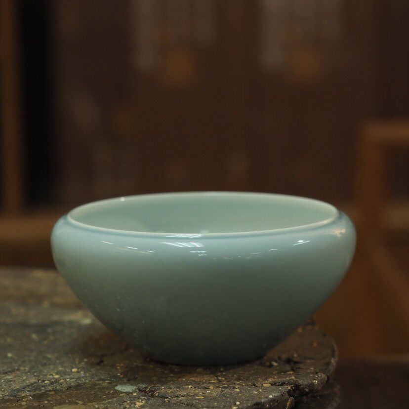 传老景德镇谷雨山房天蓝釉文心水盂手工单色釉水洗