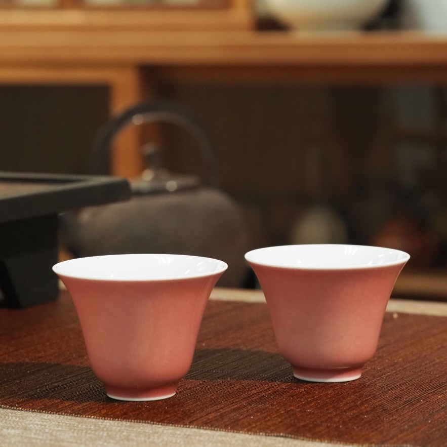 传老景德镇谷雨山房豇豆红金兰马蹄杯手工单色釉茶杯茶席搭配