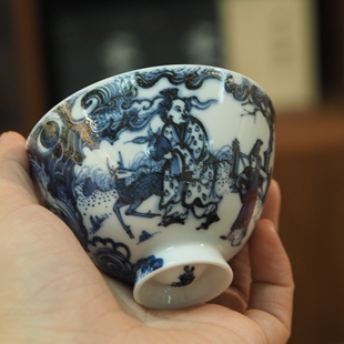 传老景德镇谷雨山房心斋系列封神之南极仙翁献寿鸡心杯手工杯