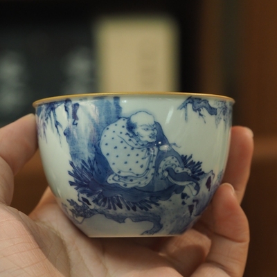 传老景德镇谷雨山房青花新品没空系列八僧图白居易供谒金边云坞杯