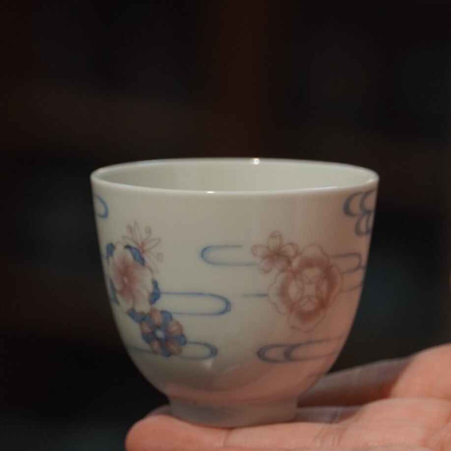 景德镇谷雨山房青花釉里红祥云皮球花来兮杯手绘主人杯