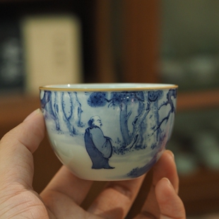 传老景德镇谷雨山房青花新品八僧图达摩面壁金边云坞杯没空鸿之
