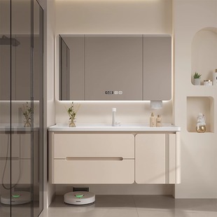 2025新款法式奶油风陶瓷一体盆圆角浴室柜组合卫生间洗漱台洗手池