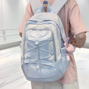可爱高颜值背包女旅游轻便肩包 书包初中女生蓝色双肩包小众ins风