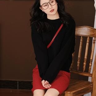 喵吉学院风圆领长袖宽松内搭黑色针织衫慵懒风套头毛衣女秋冬加厚