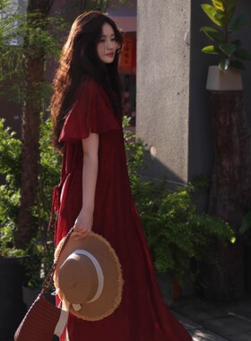 喵吉法式复古小飞袖圆领宽松绑带渡假裙小个子长款红色连衣裙女夏