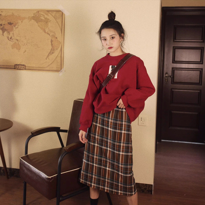 复古风格纹学院加棉加厚半身裙