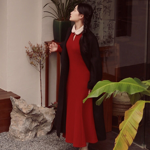 喵吉复古新中式长袖收腰小个子过年加绒红色鱼尾连衣裙长裙女秋冬