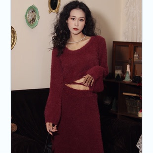 喵吉复古长袖小个子套装裙毛衣裙长款红色连衣裙两件套女秋冬加绒