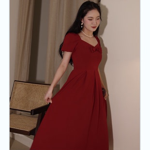收腰红色连衣裙女夏 小个子公主裙蝴蝶结中长款 喵吉 复古V领泡泡袖