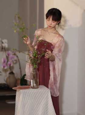 喵吉复古国风新中式长款宽松改良汉服小个子汉元素红色连衣裙女夏