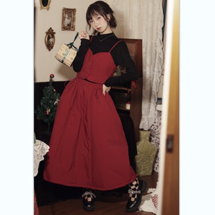 喵吉复古时尚女装宽松显瘦套装裙小个子长款红色连衣裙两件套秋冬