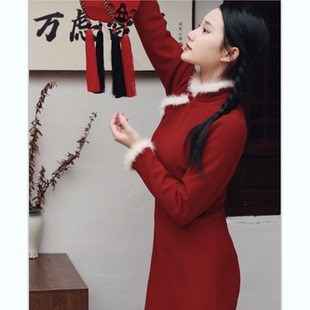 喵吉复古中式长袖订婚裙小个子红色敬酒服改良旗袍过年连衣裙女冬