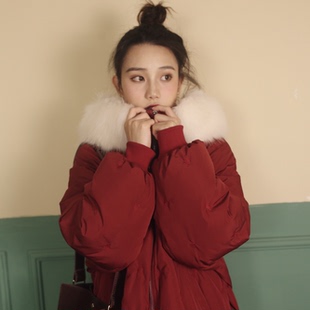 喵吉茧型大毛领连帽刺绣中长款 过膝红色白鸭绒羽绒服外套女冬加厚