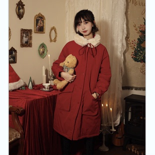 喵吉复古毛领休闲棉袄宽松国潮棉服中长款红色棉衣外套女冬潮加厚