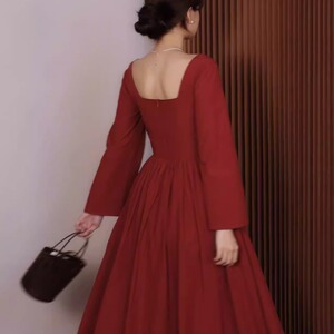 喵吉法式复古方领收腰礼服裙渡假裙小个子显瘦红色连衣裙长裙女夏