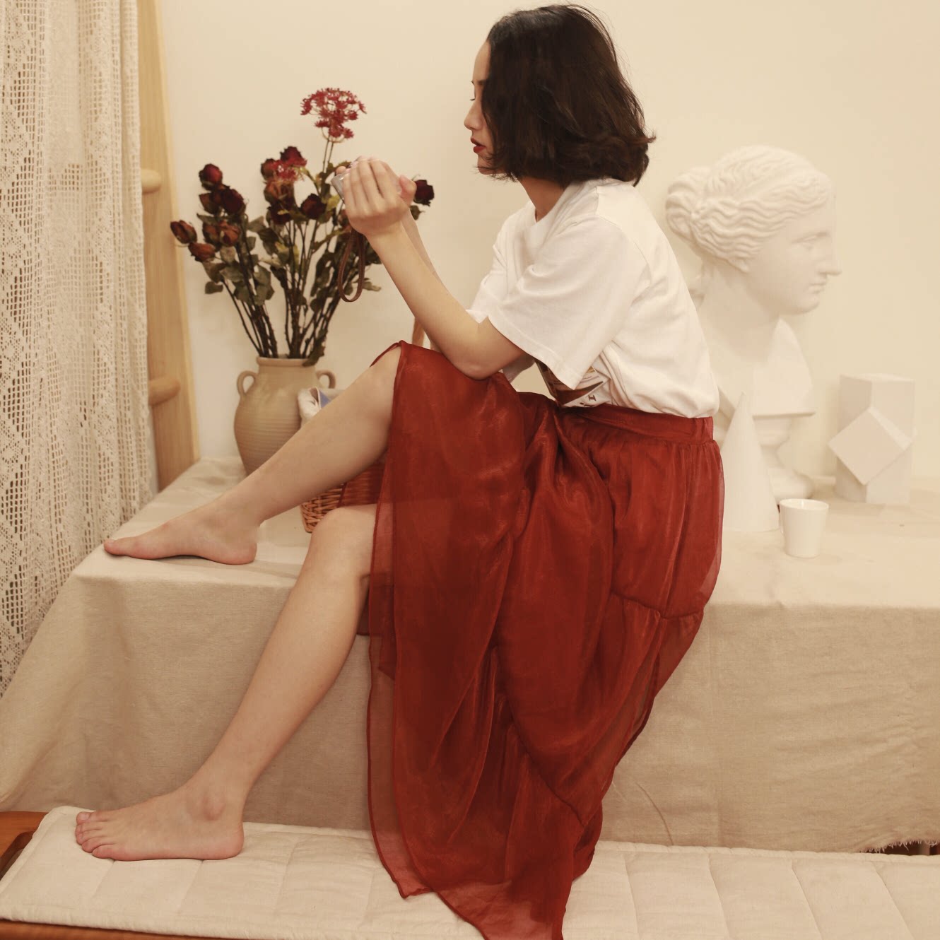 meow ji 喵吉复古雪纺高腰拼接纱裙度假裙不规则红色半身裙女春夏