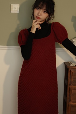 复古方领长款打底内搭针织毛衣裙