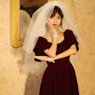 喵吉复古方领修身收腰订婚礼服裙小个子丝绒酒红色连衣裙长裙女秋