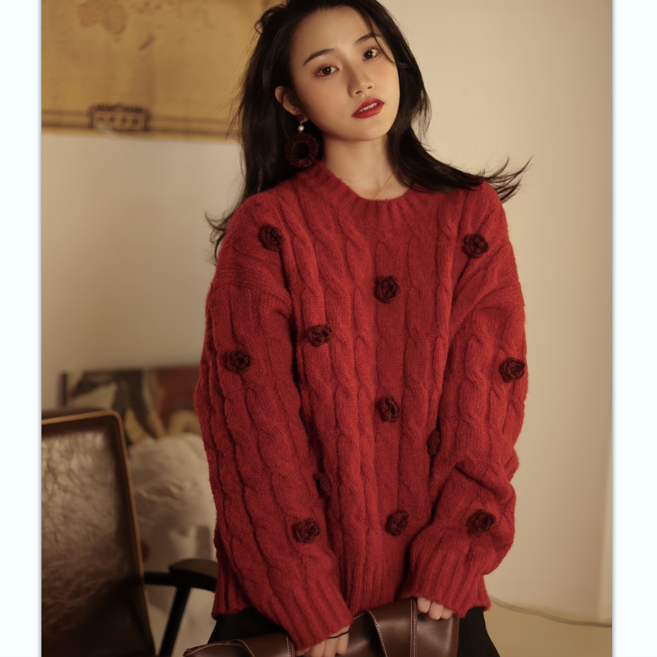 喵吉泡泡袖甜美风慵懒红色毛衣