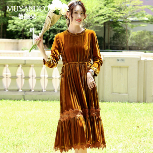 抽绳可调节长袖 女 连衣裙2025年气质收腰显瘦真丝丝绒秋冬高端大码