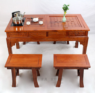 红木餐桌椅组合实木中式仿古功夫茶几花梨木茶台棋盘泡茶桌可定制