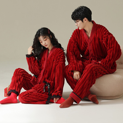 秋冬季天新婚情侣睡衣法兰绒珊瑚绒加绒加厚女红色男士家居服套装