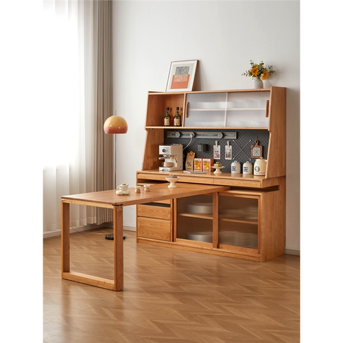 北欧樱桃木餐边柜现代简约可推拉伸缩餐桌一体柜靠墙储物柜厨边柜